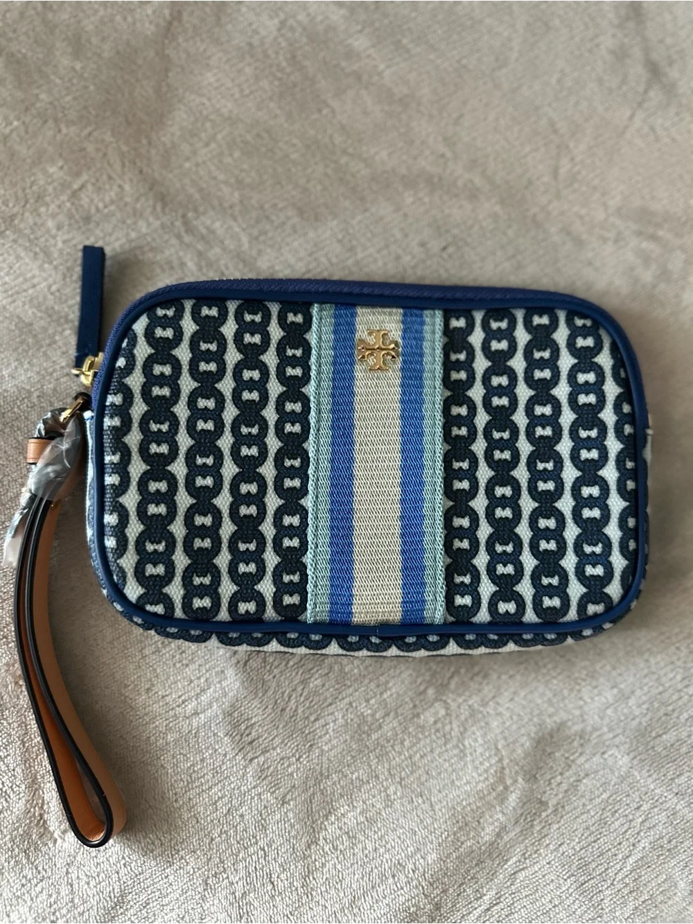Tory Burch Navy and Light Blue Chain-Print Wristlet with Cream Stripe